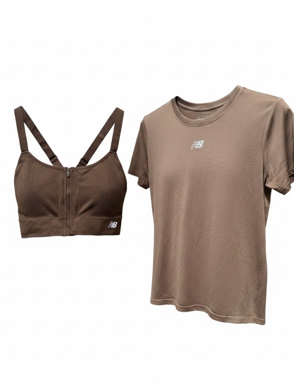 Brown Matching Workout Set Front Zip Sports Bra Seamless Tee Large NWT